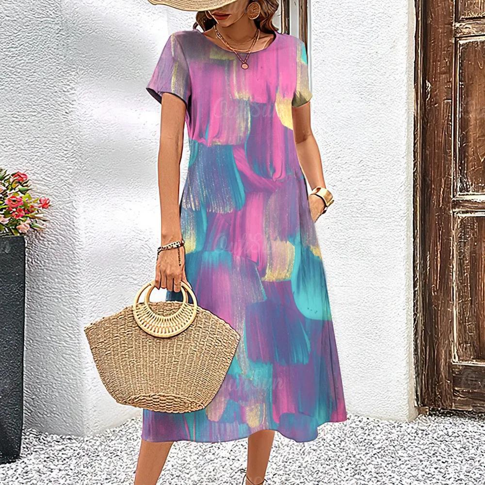 Летние платья с короткими рукавами, стильная женская одежда с контрастными цветами, длинное платье с принтом 3D Tie-Dye, женская одежда, свободный свитер с круглым вырезом