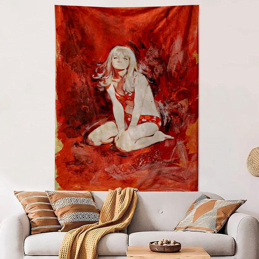 A seated woman in a red swimsuit against an abstract red-painted background. Patterned tapestry for bedroom and living room home decor