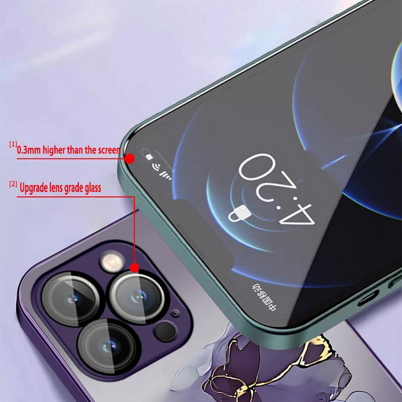 Стеклянный чехол для телефона с мраморным цветочным узором для iPhone 15 14 Pro Max 13 12 11, противоударный защитный чехол для объектива камеры