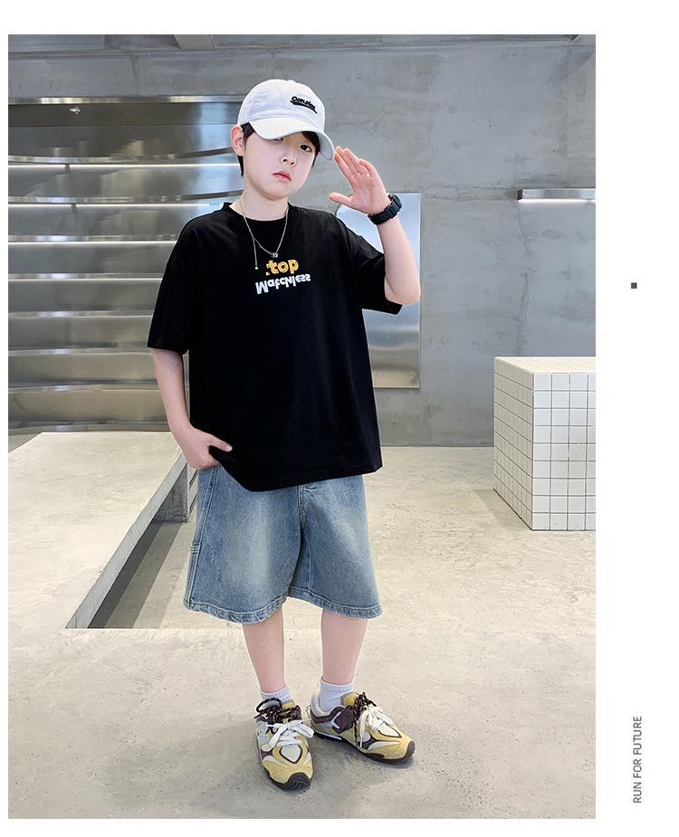 Boys' Trendy Cool Hat Print Short Sleeve Loose Top for Summer 2026 - Medium & Large Sizes