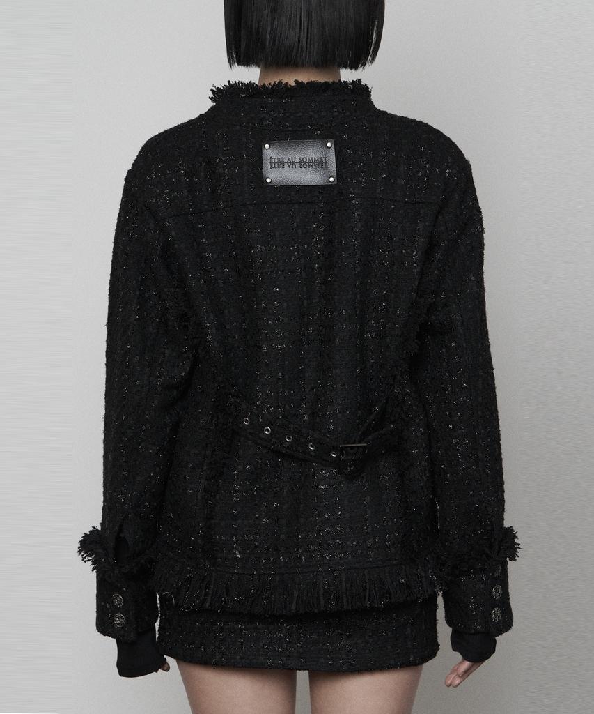 ETRE AU SOMMET Back-Belt Pocket Overfit Tweed Jacket ( Black )