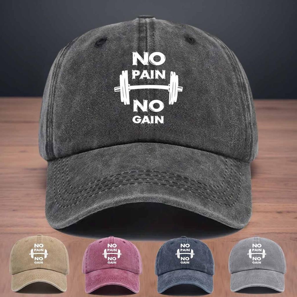Printed Barbell Pattern Baseball Cap Letters NO NO GAIN Curved Brim Hat Fashionable and Versatile Hip-hop Hat