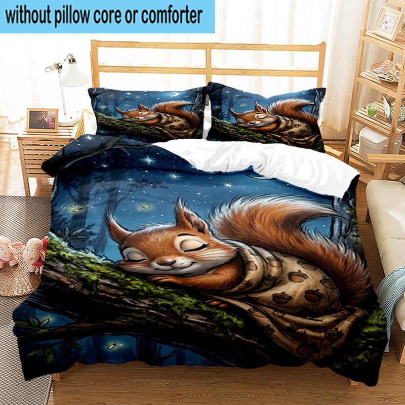 Squirrel Dreams Under Moonlight 3pcs Bedding,Including 1pc Duvet Cover And 2pcs Pillowcases Perfect for Christmas,Ideal for Bedroom, Dormitory