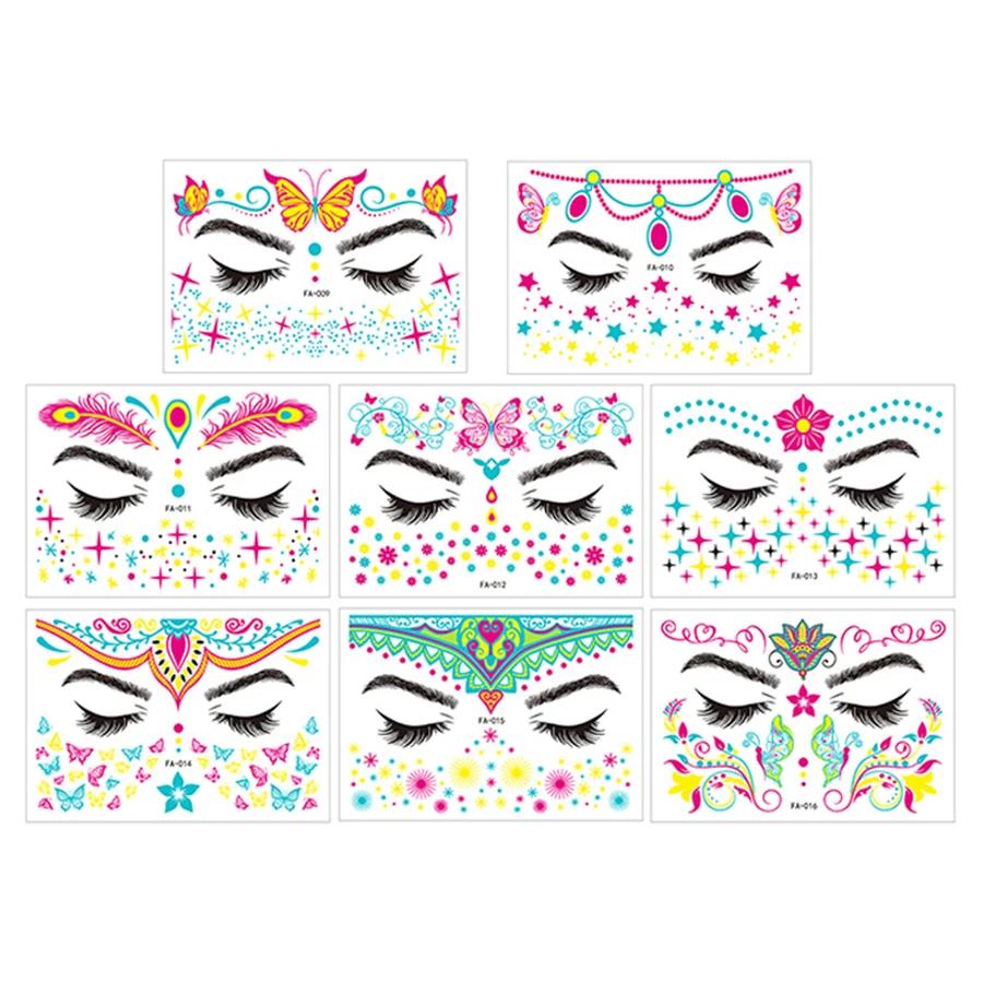 8pc/Set Butterfly Tattoo Sticker Party Nightclub Fluorescent Face Sticker Bar Waterproof UV Glowing Neon Tattoo Music Festival