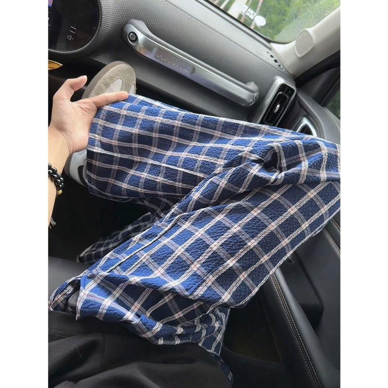 Navy Blue Plaid Pants Men Women Thin Ice Silk Quick Dry Straight Leg Wide Casual Trousers