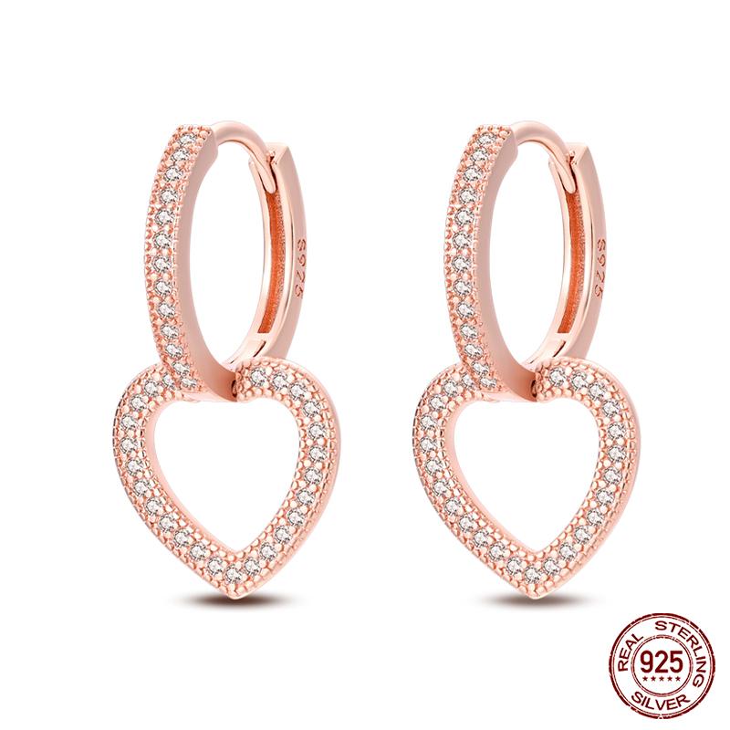 100% 925 Sterling Silver Rose Gold Heart Geometric Pave CZ Hoop Earrings for Women Wedding Engagement Birthday Jewelry Gift 2023