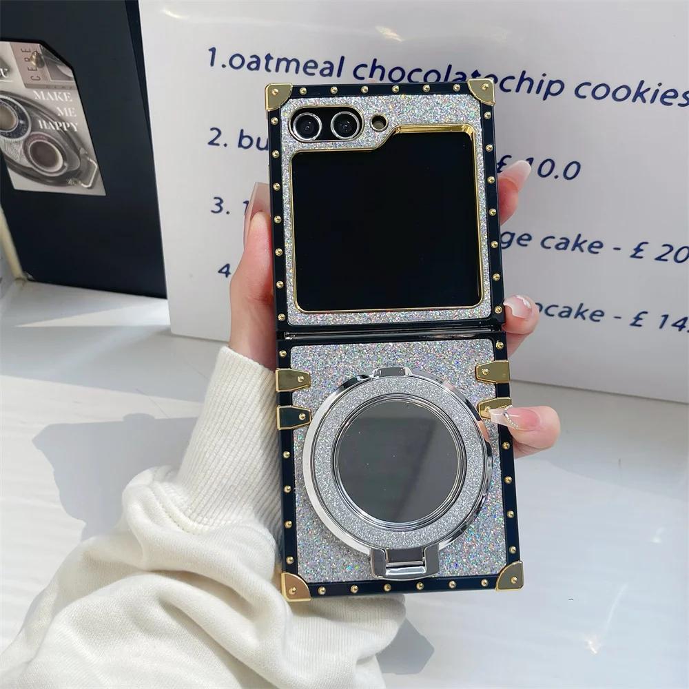 Блестящий милый девчачий чехол для телефона с зеркалом и магнитной подставкой-держателем для Samsung Galaxy Z Flip 6 5 4 3 5G, задняя крышка
