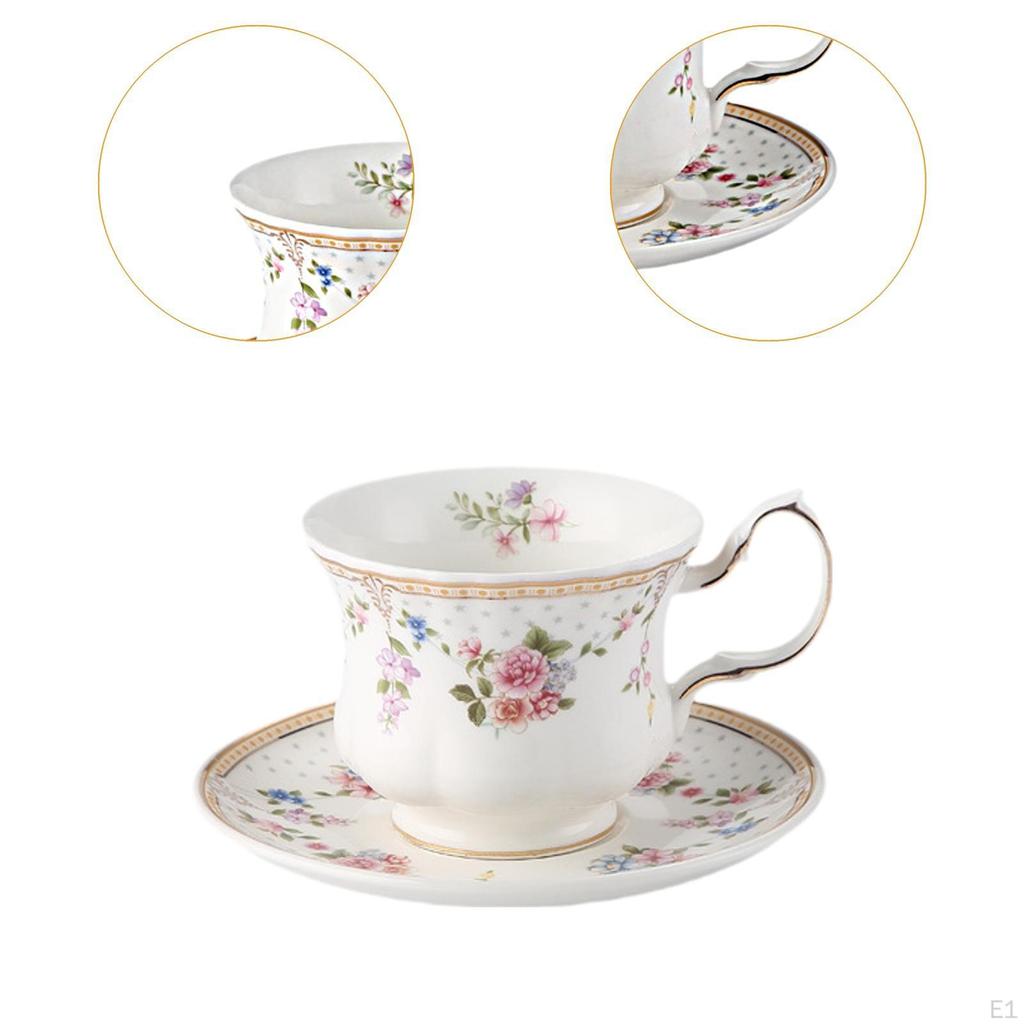 Ceramic Coffee Mug Porcelain Cups and Saucer Set Floral Tea Cappuccinos Gift for Family