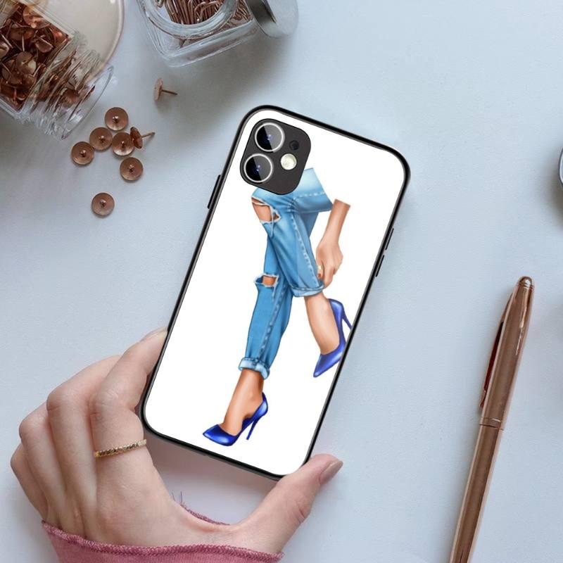 Модный чехол для телефона на высоком каблуке для девочек IPhone 14 13 12 11 XS X 8 7 6 Plus Mini Pro Max SE 2022, черный стеклянный чехол из поликарбоната и ТПУ