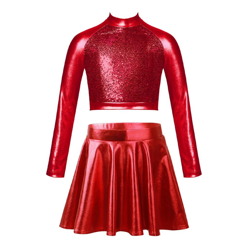 Girls Glossy Metallic Dance Set Long Sleeve Sequin Crop Top and Short Skirt Figure Skating Costume