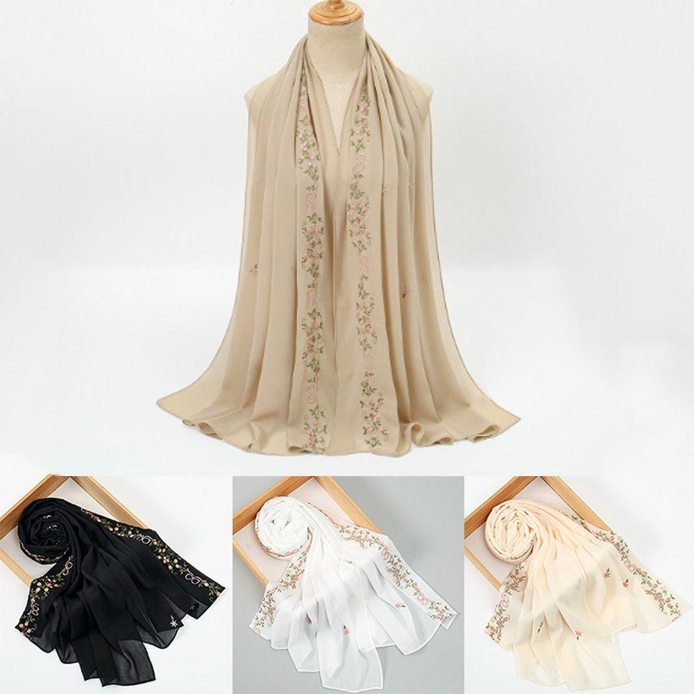 Chiffon Material Women Lace Shawl Floral Embroidery Head Wrap Turban  Ramadan Season