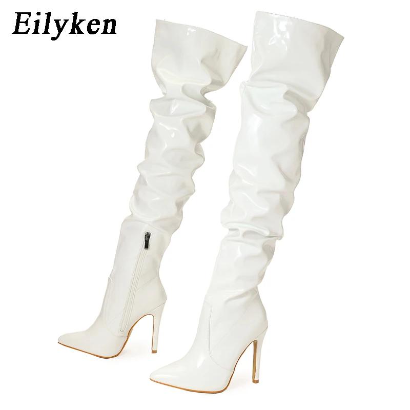 Модные Женские Сапоги Eilyken Красные Выше Колена На Высоких Каблуках Лакированная Кожа Однотонные С Острым Носком Шпилька Боковая Молния Женская Обувь