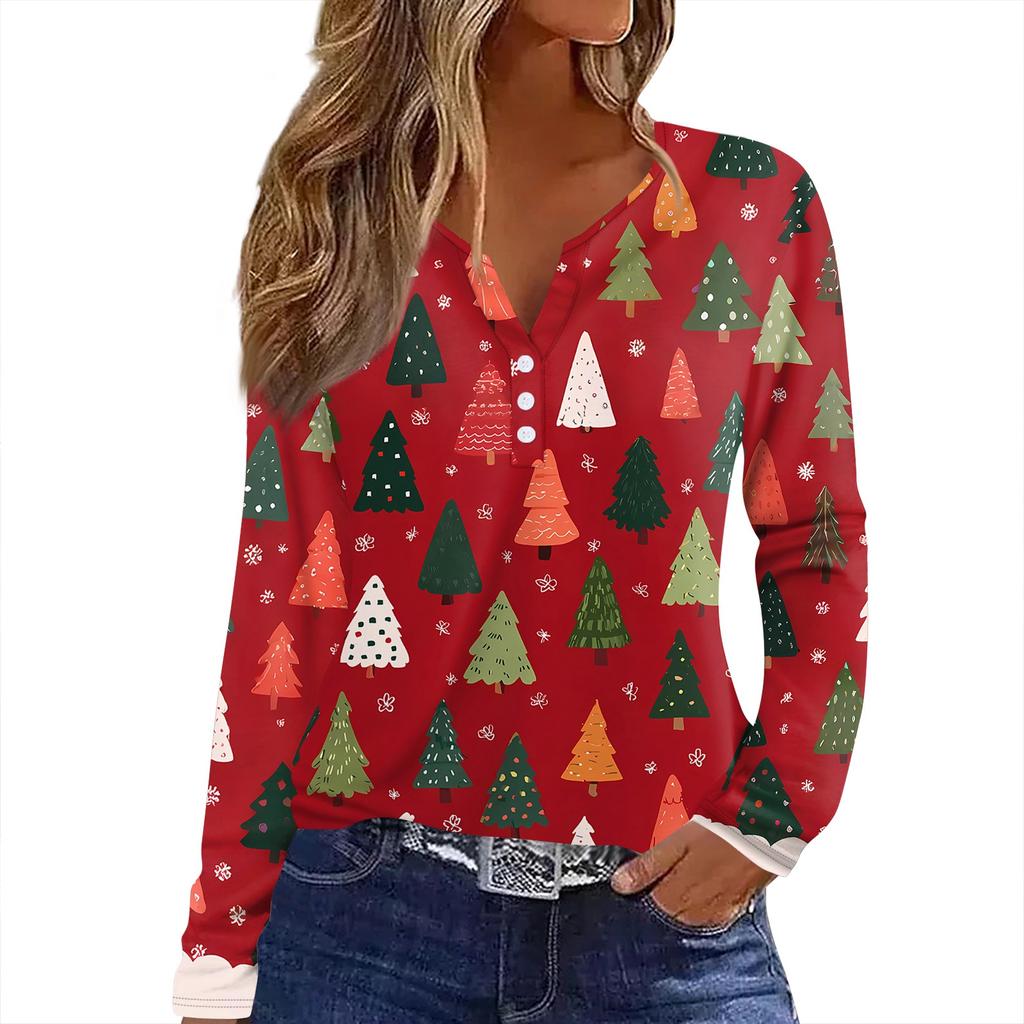 Женская футболка с рождественским принтом на пуговицах с длинным рукавом, повседневная, выходного дня, модная, базовая, с V-образным вырезом, обычная