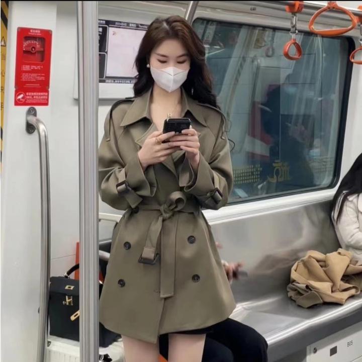 Женский французский тренч 2025 года на весну/осень: Британский стиль, Двубортный, Длина ниже колена, Средней длины, Свободный крой