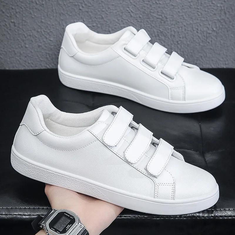 Fashion Men Pu Leather Casual Shoes for Men Hook Loop Loafers White Shoes Fashion Skateboard Shoes Flat Male Sneakers Tenis Para Hombre
