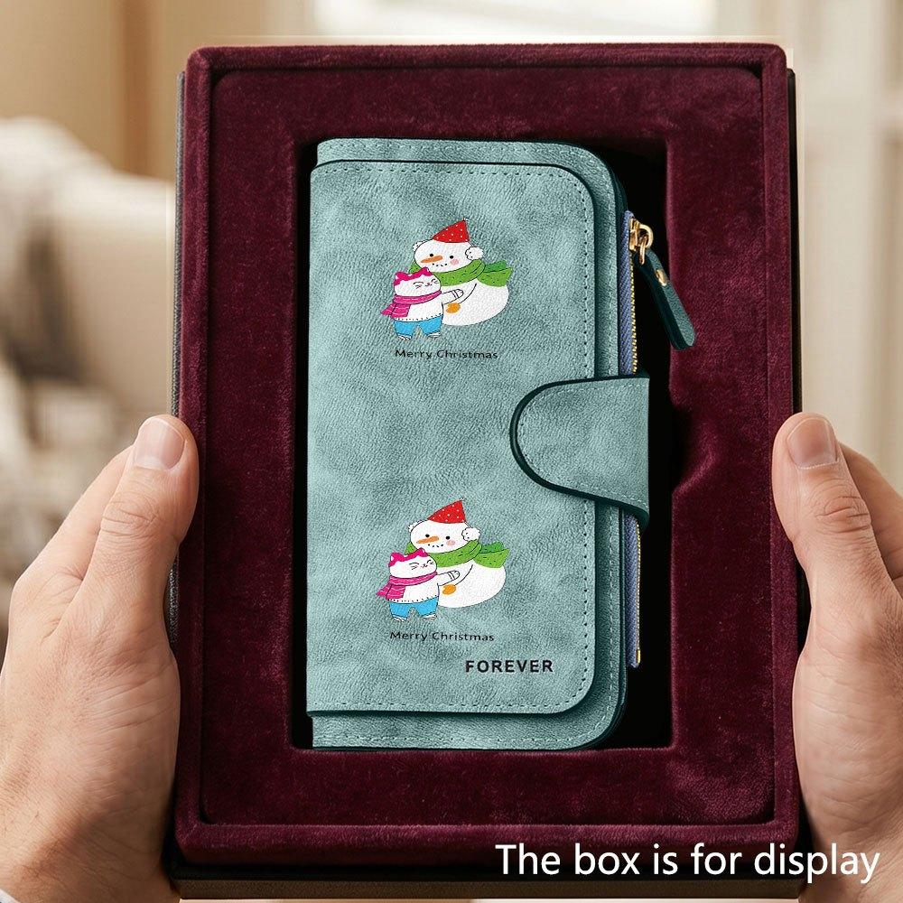 Unique snowman and kitten cartoon men's large capacity wallet with business card slot and cash pocket suitable for formal occasions and office use
