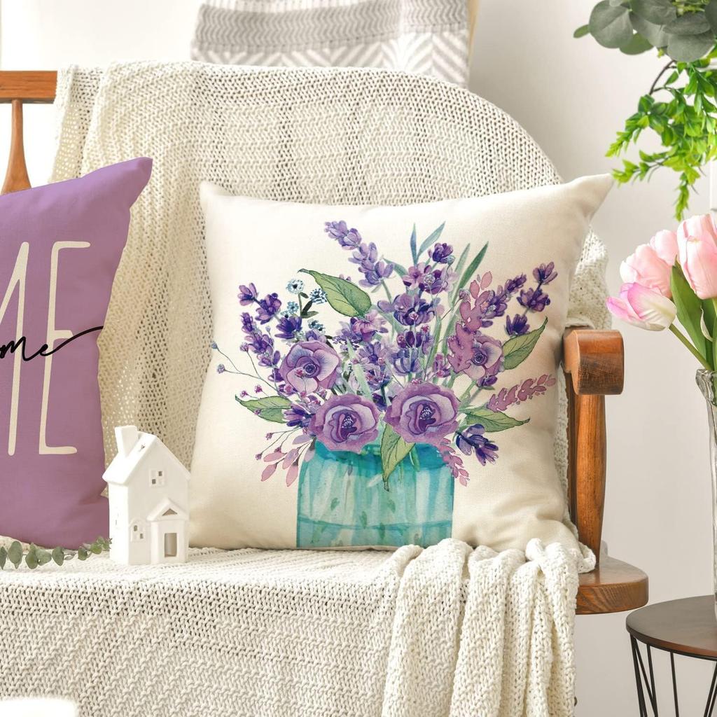 Throw Pillow Covers 16x16 Inch Set of 4,Lavender Home Sweet Purple Pillow Cases for Couch Sofa Outdoor Home Decorations