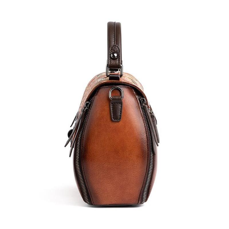 Johnature Retro Embossed First Layer Cow Leather Women Bag Handmade Floral Hasp Handbag Leisure Shoulder Messenger Bags