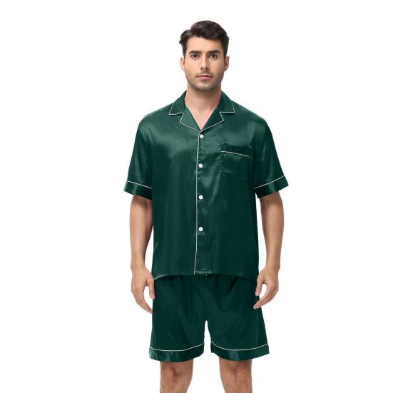 2Pcs/Set Men Pajamas Set Lapel Short Sleeve Single Breasted Tops Elastic Waist Shorts Set Solid Color Satin Sleepwear