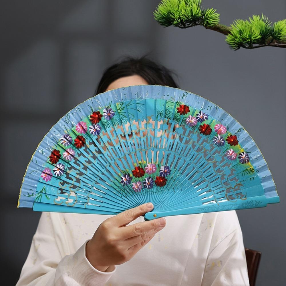 Colorful Hand Painted Fan Wooden Chinese Vintage Fan Portable Spanish Wood Fan Home Decor