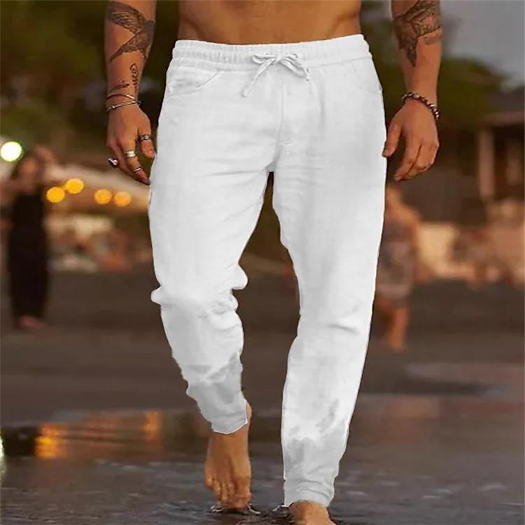 New Men's Solid Colour Drawstring Wrinkled Loose Cotton Linen Sports Leisure Beach Casual Trousers