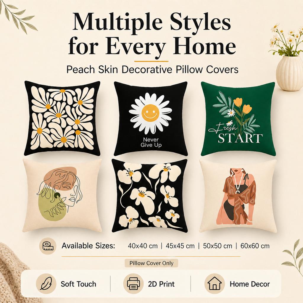 Modern Daisy Flower Peach Skin Pillow Cover 2D Flat Printed Cushion Case For Living Room Sofa Bedroom Home Decor 45X45Cm New