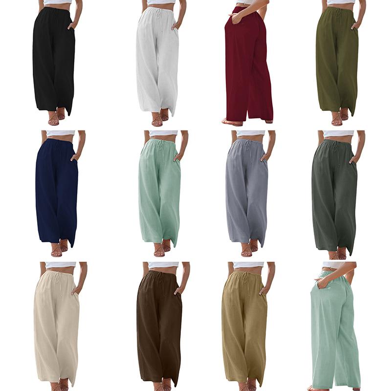 Женские элегантные хлопковые льняные однотонные свободные брюки с широкими штанинами на шнуровке Брюки с эластичной резинкой на талии