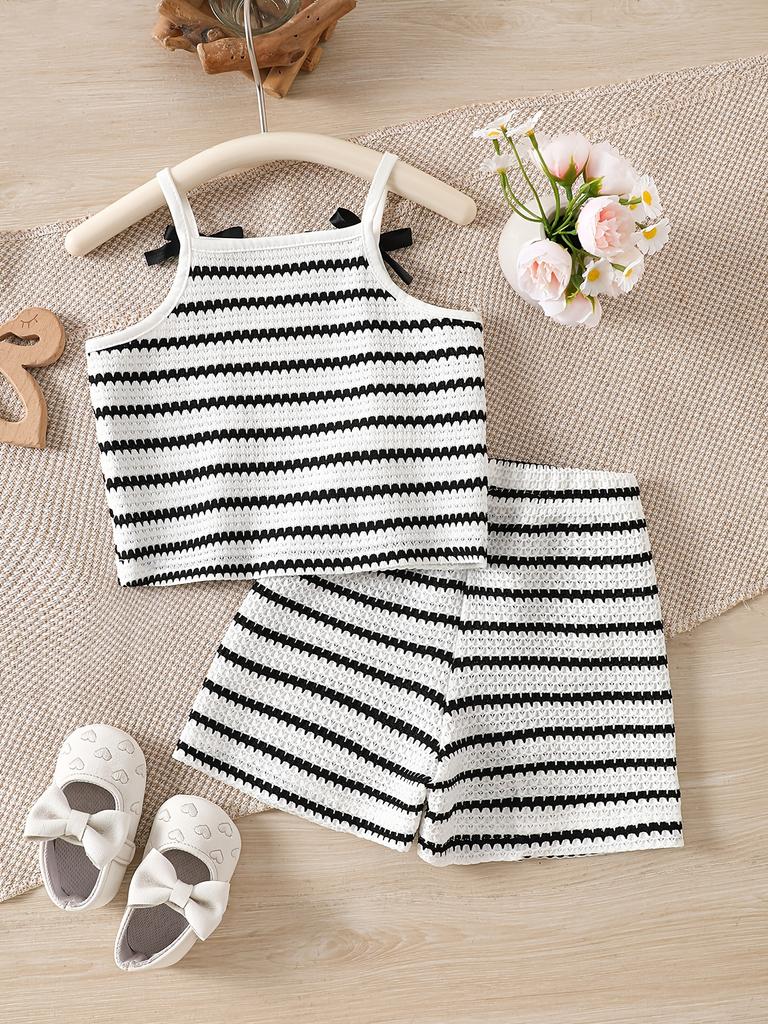 Black White Stripe Bow Cami Top & Shorts Girls 2 Piece Outfit Set