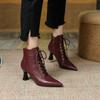 Vintage Mature Women Ankle Boots Pointed Toe High-heeled Lace-Up Genuine Leather Shoes Woman 2024 New Autumn Winter Office Dress