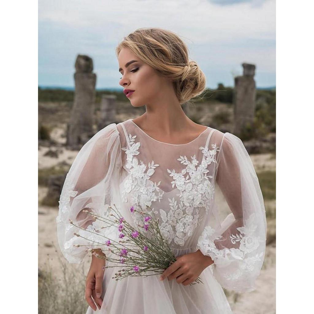 Women Elegant Round Neck Long Sleeves Lace Mesh Bride Bridesmaids Wedding Long Dress Gorgeous Party Maxi Ball Gowns