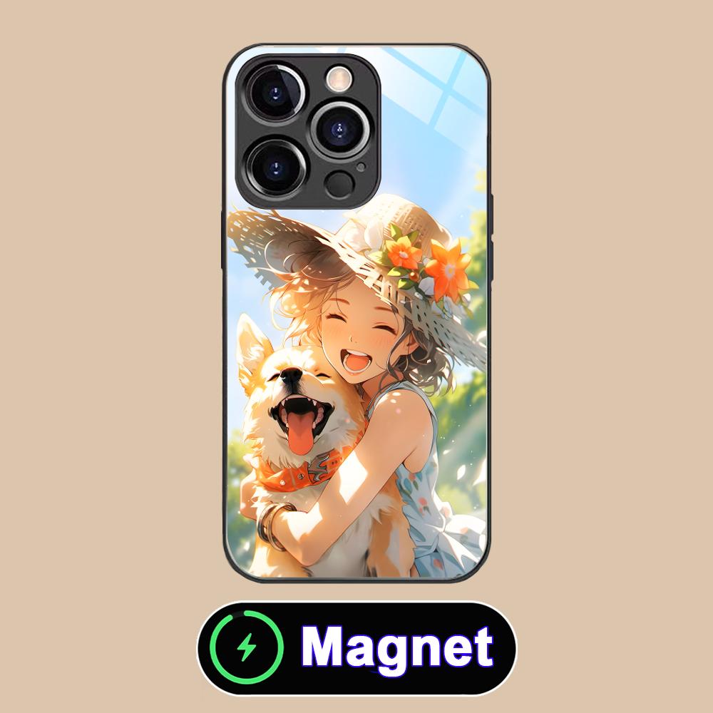 Чехол для мобильного телефона iPhone 17 16 15 14 13 12 11 Air Pro Max Plus Mini, стеклянный, MagSafe, с рисунком девочки и щенка, цветной