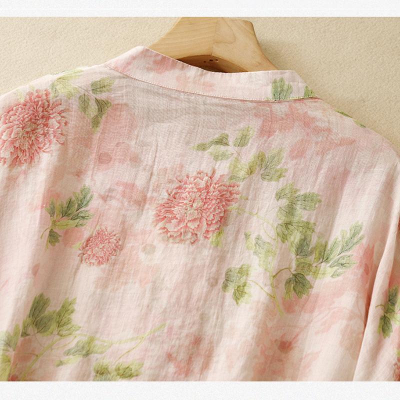 Летняя рубашка с длинными рукавами из хлопка и льна в китайском стиле в стиле ретро, с накладными пуговицами и воротником-стойкой в литературном стиле для женщин