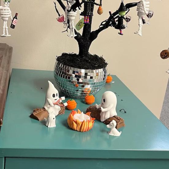 Ghost Campfire Gathering Scene Resin 2 Ghosts with Cat/Dog Making Smores Figurine Flickering LED Bonfire Halloween Night Light