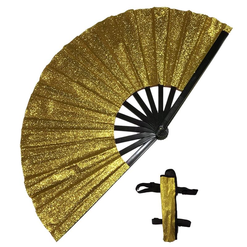 33 см блестящий ручной веер с чехлом-сумкой, бамбуковый костяной веер для кунг-фу, большой складной праздничный веер для вечеринок, танцевальный веер для вечеринок