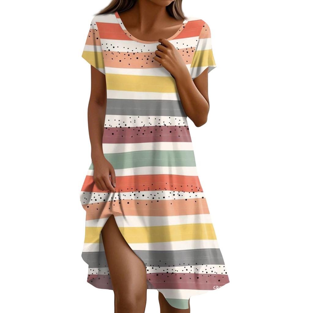 Short Sleeve Boho Dress For Women Casual Loose Fit Summer Sundress Floral Print Dress With Pockets