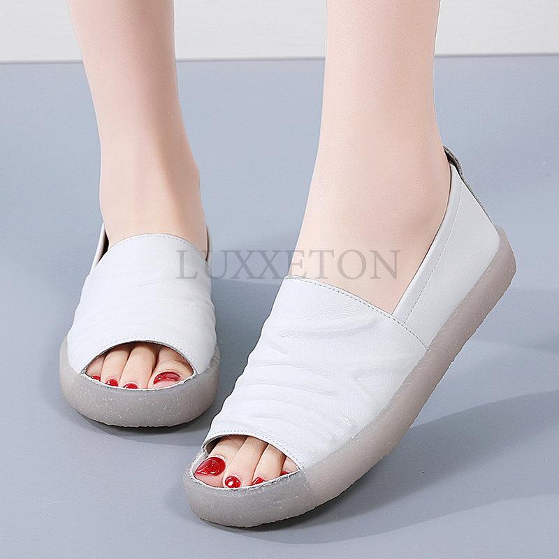 Модные летние повседневные однотонные женские босоножки из натуральной кожи с неглубокой подошвой, дышащие, удобные, на мягкой подошве, на среднем каблуке