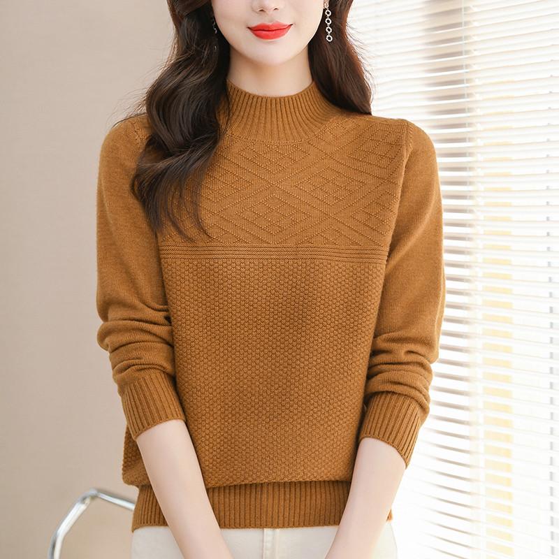 Однотонный вязаный свитер, женский повседневный свитер с полувысоким воротом, универсальный эластичный пуловер с длинными рукавами