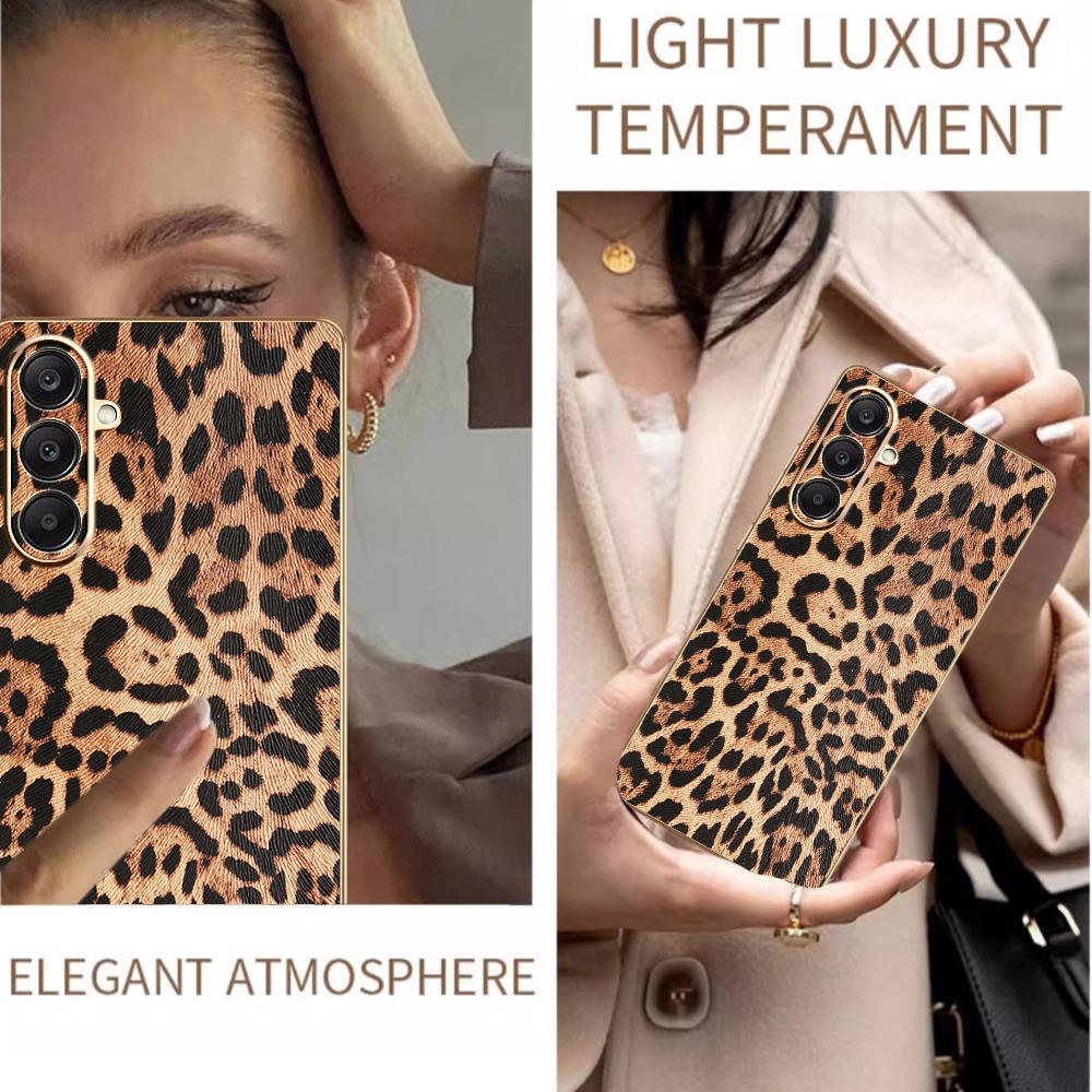For Samsung Galaxy A26 5G Case Leopard Print PU Leather Coated PC+TPU Electroplating Phone Cover