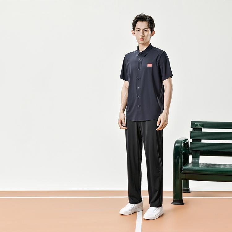 Li-Ning Однотонная дышащая легкая быстросохнущая рубашка с коротким рукавом на пуговицах мужские рубашки темно-синего цвета ASHT469-1