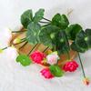 Artificial Lotus with Green Leaf Stem Realistic Fake Flower Home Office Table Centerpiece Faux Flower Branch Floral Arrangement Decoration