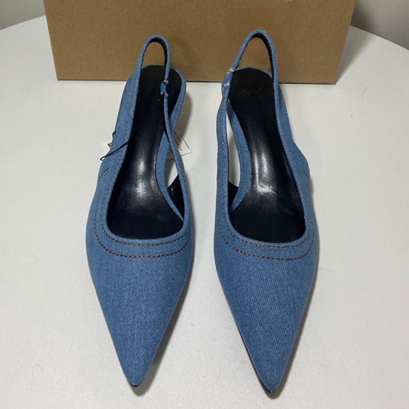 Синие джинсовые женские босоножки на каблуке с острым носком на шпильке, элегантные женские офисные туфли с босоножками на пятке, удобная летняя обувь