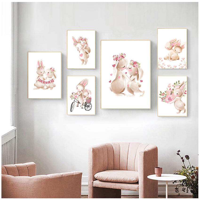 Розовые цветы, мультяшная картина для девочек, декор для детской комнаты, постер с кроликом, картины с животными, детская настенная живопись с кроликом, холст, живопись