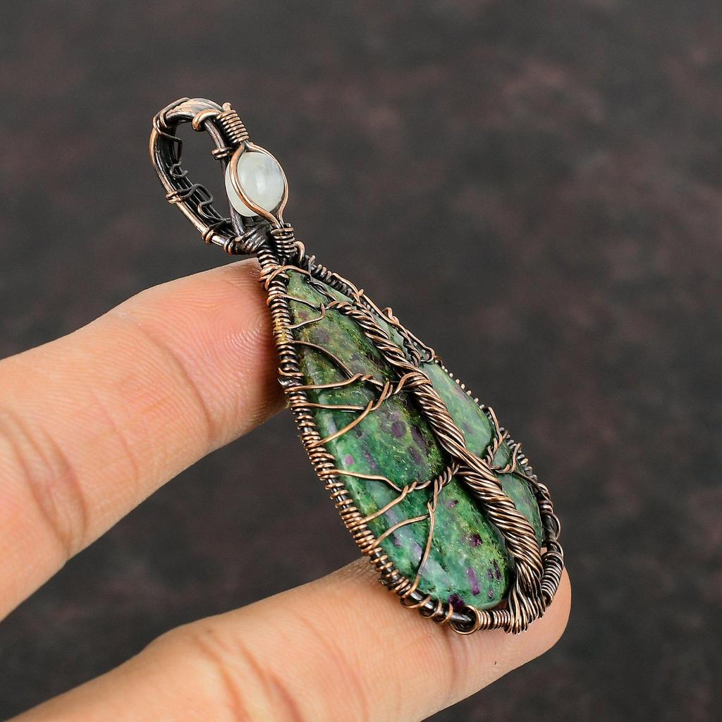 Tree Of Life Ruby Fuchsite Copper Pendant Wire Wrapped Pendant Gemstone Jewelry For Gift Rainbow Moonstone Pendant Handmade Copper Jewelry