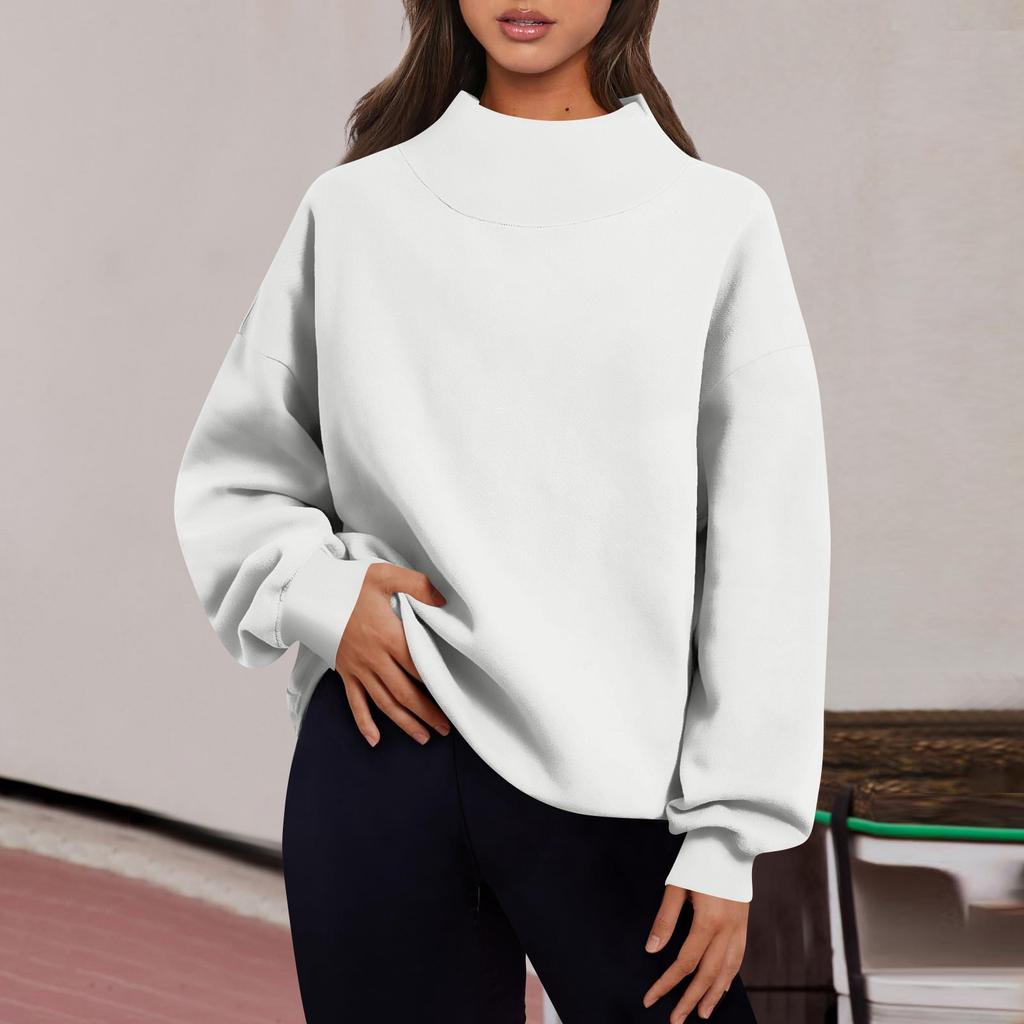 Women's Fashion Solid Color Long Sleeve Loose Slit Half Turtleneck Pullover Sweatshirt Top