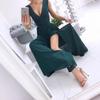 2023 Summer European & American Deep V-Neck Solid Color Maxi Evening Dress with Slit