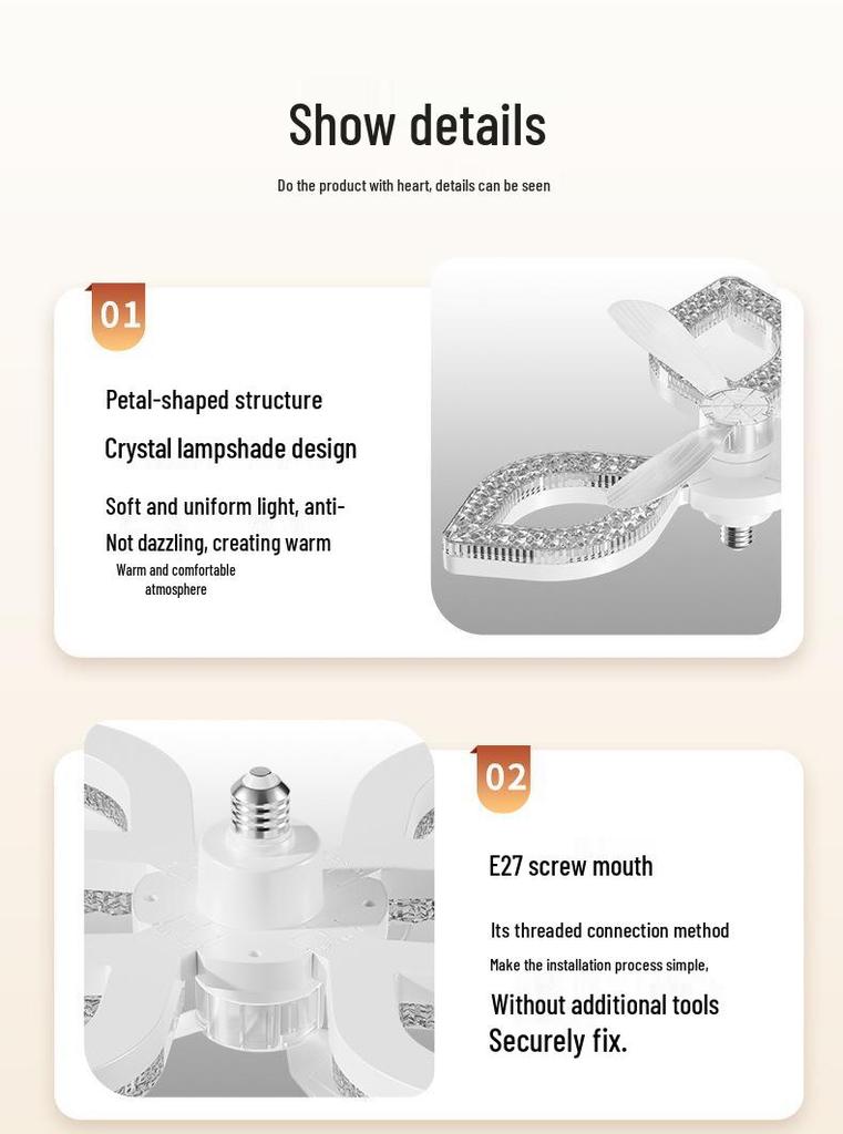 Flower-Shaped Crystal Ceiling Fan Light with High Wind Power and Integrated Pendant