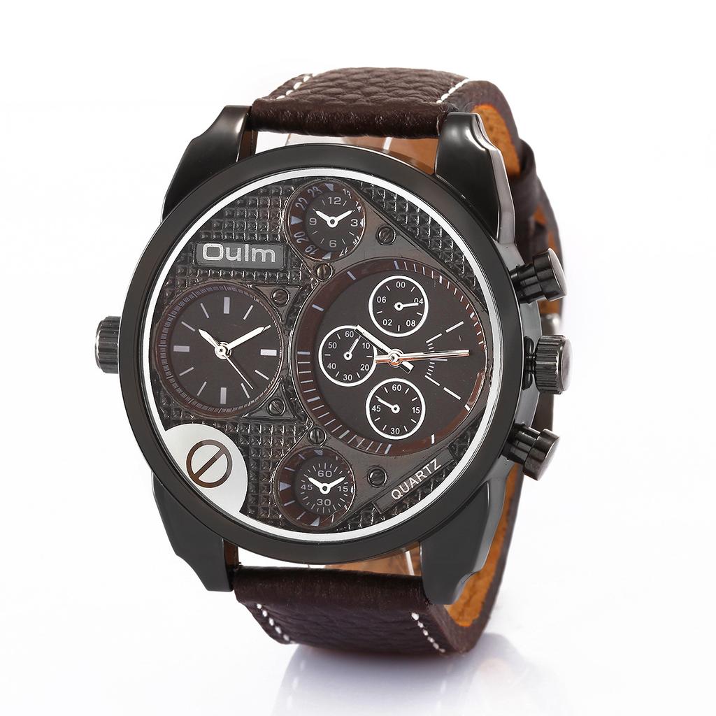 Oulm Men's Watch with Large Dial and Dual Time Zone Fashionable Genuine Leather Quartz Watch