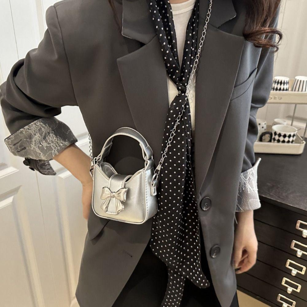 Pu Leather Bow Buckle PU Bag Mini Women's Shoulder Bag Simple Silver Bucket Bag Women