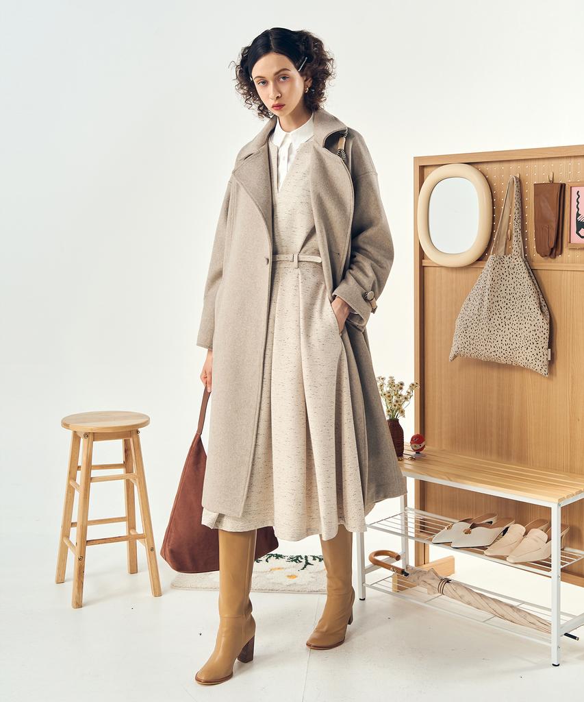 De Peri Mera Long Wool Coat With Fastening Point (Oatmeal)