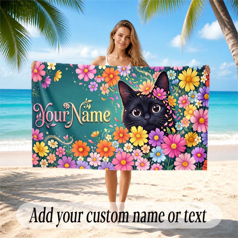 Cat Theme Soft Beach Towel Personalized Custom Name Text Towel Portable for Beach Pool Travel
